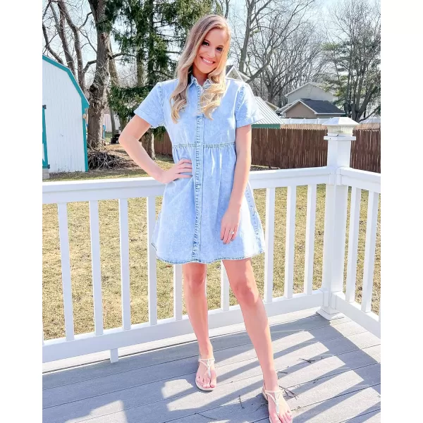 GRAPENT Denim Dress for Women Babydoll Tiered Short Sleeve Button Down Jean Shirt DressesRoadknight Blue
