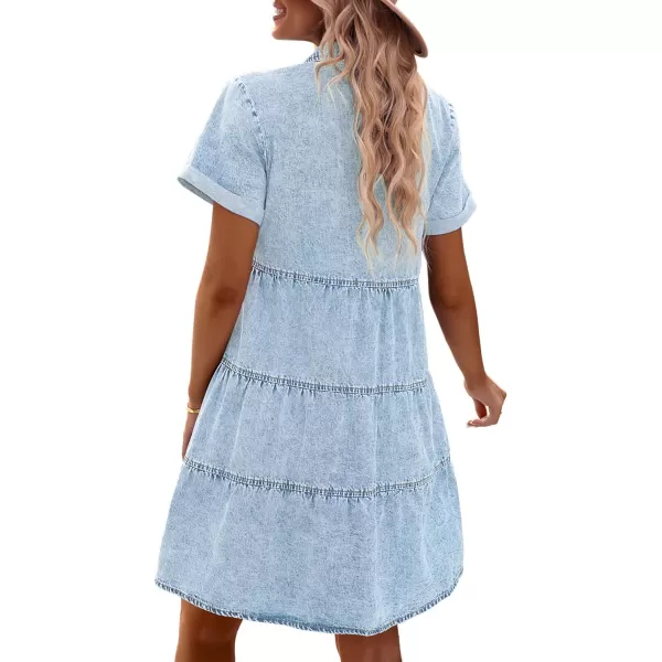 GRAPENT Denim Dress for Women Babydoll Tiered Short Sleeve Button Down Jean Shirt DressesRoadknight Blue