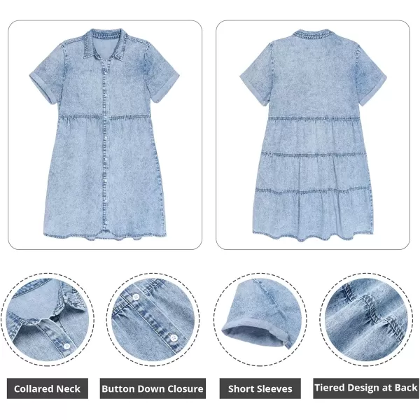 GRAPENT Denim Dress for Women Babydoll Tiered Short Sleeve Button Down Jean Shirt DressesRoadknight Blue