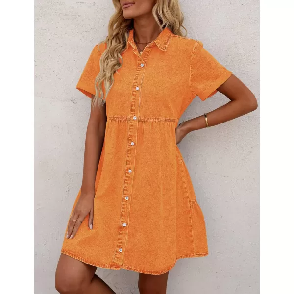 GRAPENT Denim Dress for Women Babydoll Tiered Short Sleeve Button Down Jean Shirt DressesRusset Orange