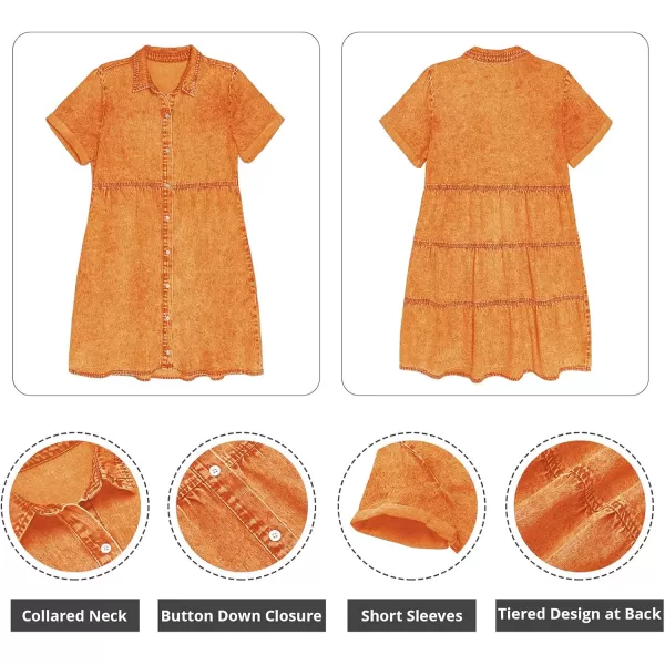 GRAPENT Denim Dress for Women Babydoll Tiered Short Sleeve Button Down Jean Shirt DressesRusset Orange