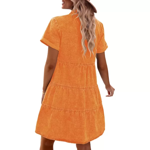 GRAPENT Denim Dress for Women Babydoll Tiered Short Sleeve Button Down Jean Shirt DressesRusset Orange