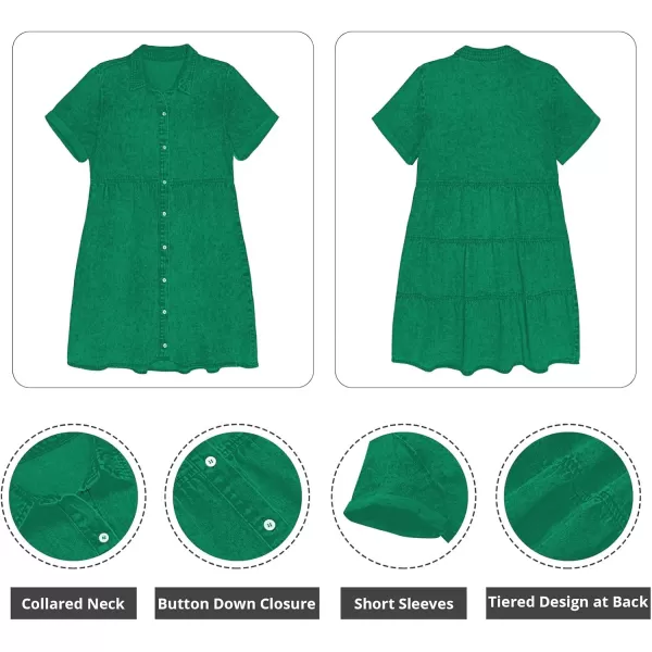GRAPENT Denim Dress for Women Babydoll Tiered Short Sleeve Button Down Jean Shirt DressesSimply Green