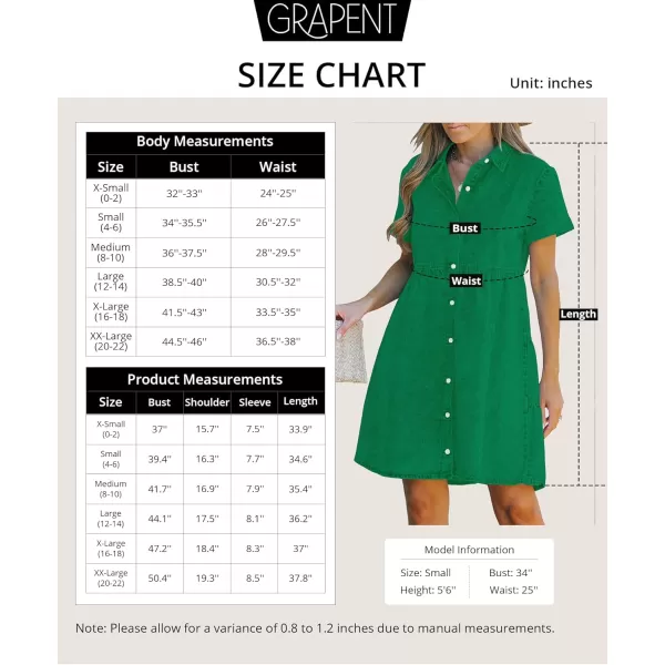 GRAPENT Denim Dress for Women Babydoll Tiered Short Sleeve Button Down Jean Shirt DressesSimply Green