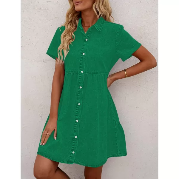 GRAPENT Denim Dress for Women Babydoll Tiered Short Sleeve Button Down Jean Shirt DressesSimply Green