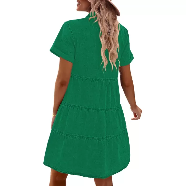 GRAPENT Denim Dress for Women Babydoll Tiered Short Sleeve Button Down Jean Shirt DressesSimply Green