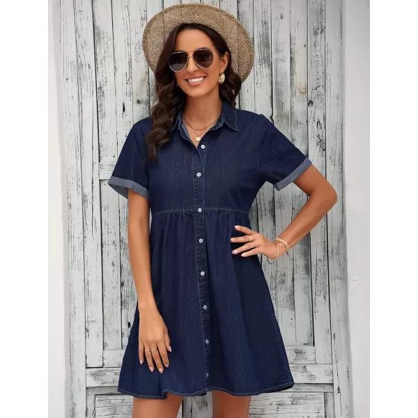GRAPENT Denim Dress for Women Babydoll Tiered Short Sleeve Button Down Jean Shirt DressesTwilight Blue