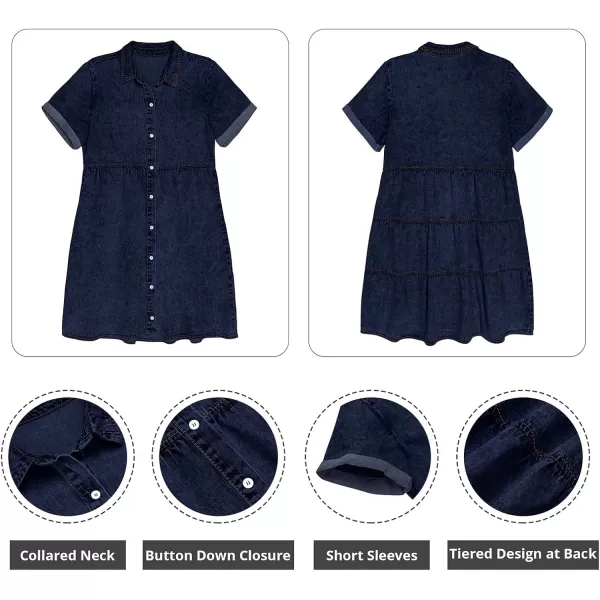 GRAPENT Denim Dress for Women Babydoll Tiered Short Sleeve Button Down Jean Shirt DressesTwilight Blue