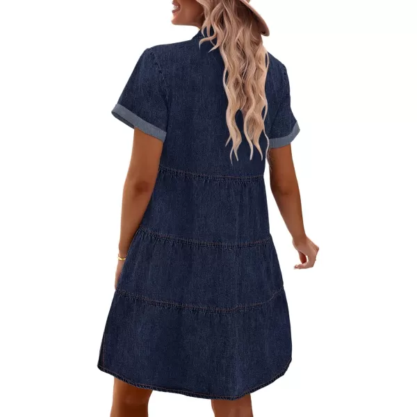 GRAPENT Denim Dress for Women Babydoll Tiered Short Sleeve Button Down Jean Shirt DressesTwilight Blue