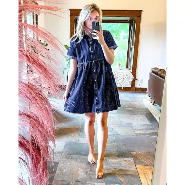 GRAPENT Denim Dress for Women Babydoll Tiered Short Sleeve Button Down Jean Shirt DressesTwilight Blue