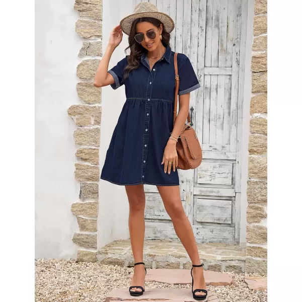 GRAPENT Denim Dress for Women Babydoll Tiered Short Sleeve Button Down Jean Shirt DressesTwilight Blue