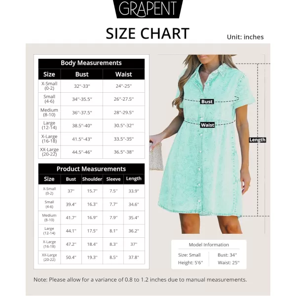 GRAPENT Denim Dress for Women Babydoll Tiered Short Sleeve Button Down Jean Shirt DressesVerdant Green