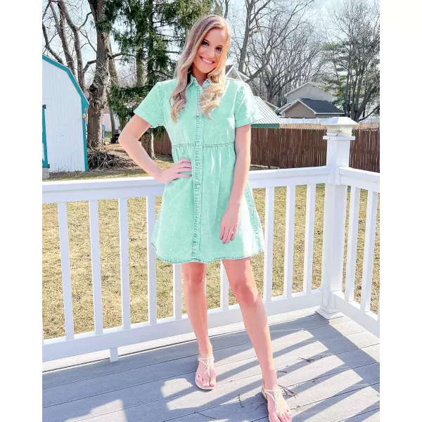 GRAPENT Denim Dress for Women Babydoll Tiered Short Sleeve Button Down Jean Shirt DressesVerdant Green