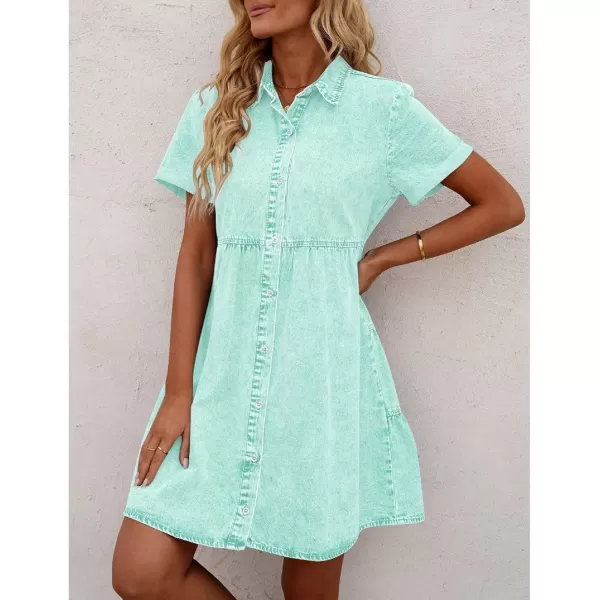 GRAPENT Denim Dress for Women Babydoll Tiered Short Sleeve Button Down Jean Shirt DressesVerdant Green