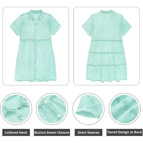 GRAPENT Denim Dress for Women Babydoll Tiered Short Sleeve Button Down Jean Shirt DressesVerdant Green