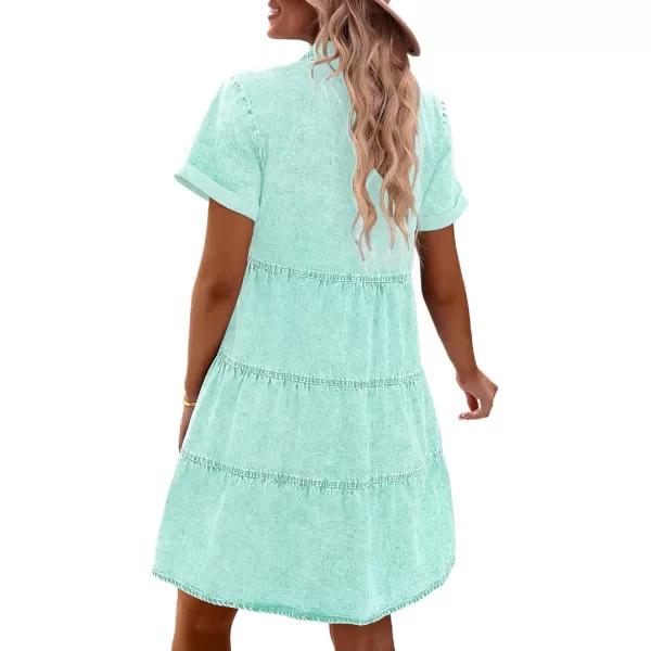 GRAPENT Denim Dress for Women Babydoll Tiered Short Sleeve Button Down Jean Shirt DressesVerdant Green