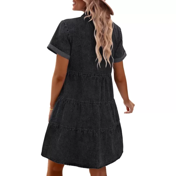 GRAPENT Denim Dress for Women Babydoll Tiered Short Sleeve Button Down Jean Shirt DressesVintage Black