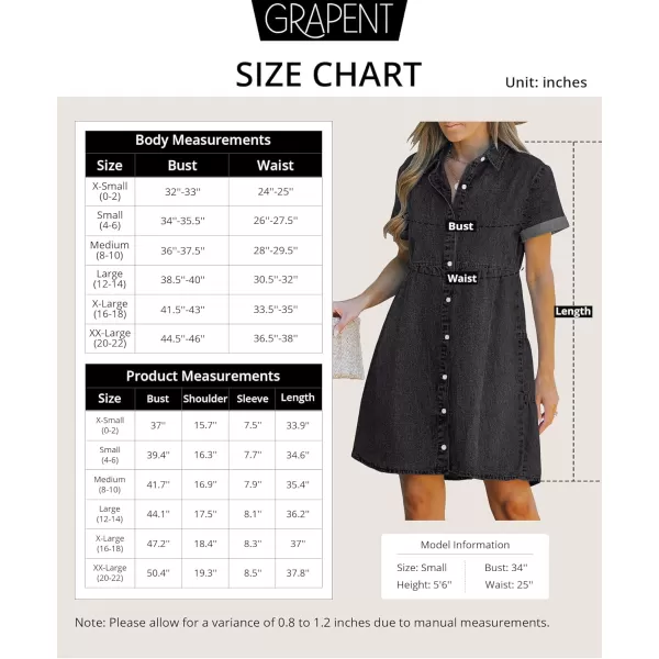 GRAPENT Denim Dress for Women Babydoll Tiered Short Sleeve Button Down Jean Shirt DressesVintage Black