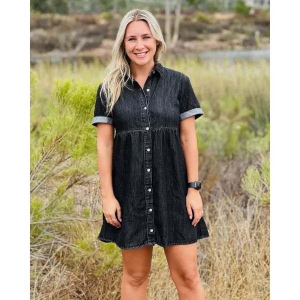 GRAPENT Denim Dress for Women Babydoll Tiered Short Sleeve Button Down Jean Shirt DressesVintage Black