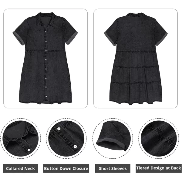 GRAPENT Denim Dress for Women Babydoll Tiered Short Sleeve Button Down Jean Shirt DressesVintage Black