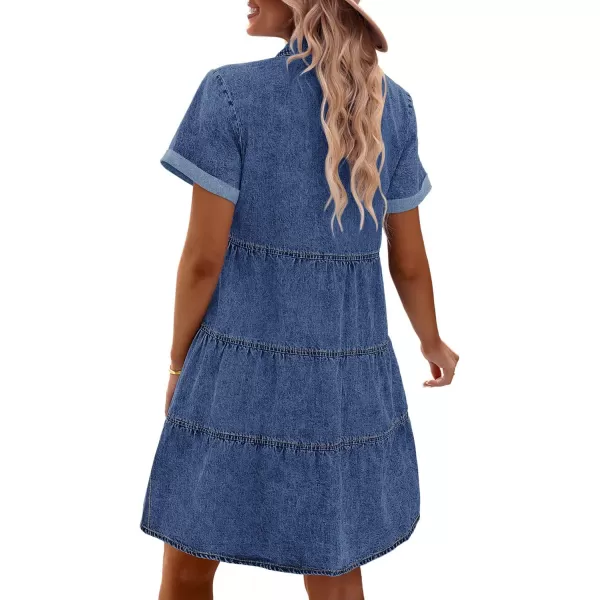GRAPENT Denim Dress for Women Babydoll Tiered Short Sleeve Button Down Jean Shirt DressesWishful Blue