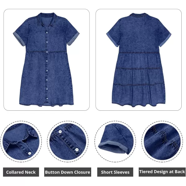 GRAPENT Denim Dress for Women Babydoll Tiered Short Sleeve Button Down Jean Shirt DressesWishful Blue