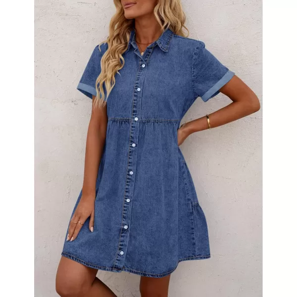 GRAPENT Denim Dress for Women Babydoll Tiered Short Sleeve Button Down Jean Shirt DressesWishful Blue