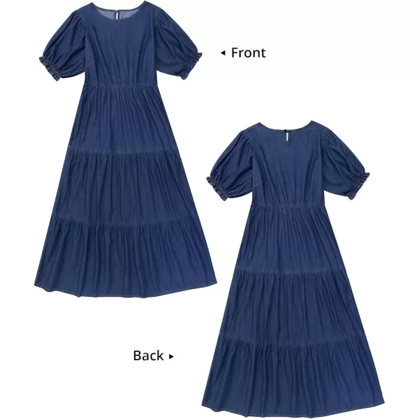 GRAPENT Denim Dress for Women Summer Casual Puff Sleeve Midi Tiered A Line Dresses Elastic Waist Swing Beach DressCobalt Night Blue