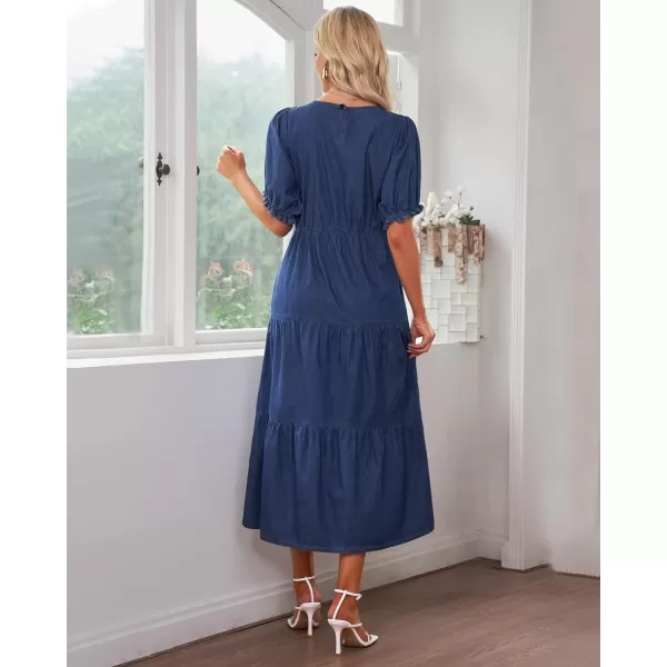 GRAPENT Denim Dress for Women Summer Casual Puff Sleeve Midi Tiered A Line Dresses Elastic Waist Swing Beach DressCobalt Night Blue