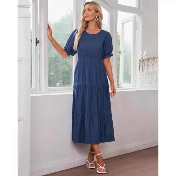 GRAPENT Denim Dress for Women Summer Casual Puff Sleeve Midi Tiered A Line Dresses Elastic Waist Swing Beach DressCobalt Night Blue