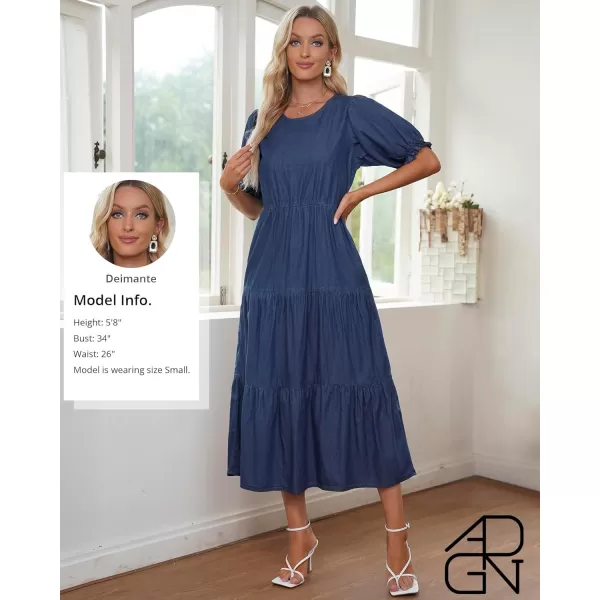 GRAPENT Denim Dress for Women Summer Casual Puff Sleeve Midi Tiered A Line Dresses Elastic Waist Swing Beach DressCobalt Night Blue