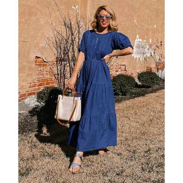 GRAPENT Denim Dress for Women Summer Casual Puff Sleeve Midi Tiered A Line Dresses Elastic Waist Swing Beach DressCobalt Night Blue