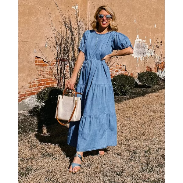 GRAPENT Denim Dress for Women Summer Casual Puff Sleeve Midi Tiered A Line Dresses Elastic Waist Swing Beach DressCool Blue