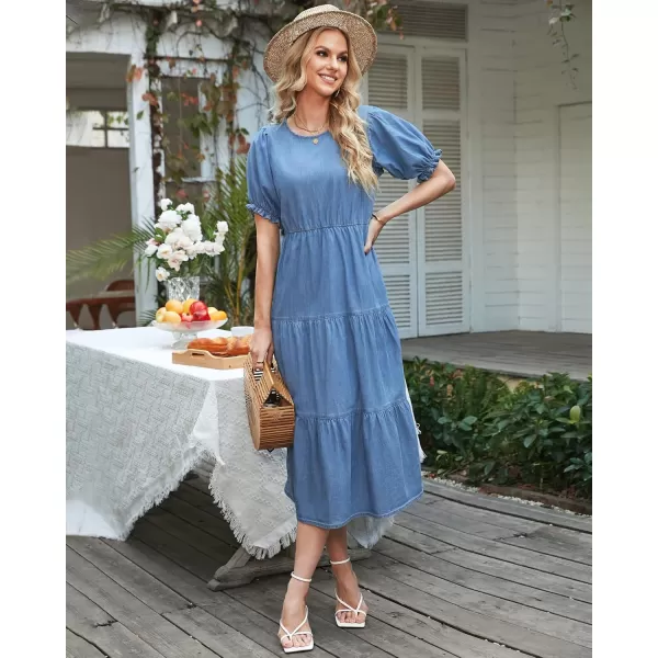 GRAPENT Denim Dress for Women Summer Casual Puff Sleeve Midi Tiered A Line Dresses Elastic Waist Swing Beach DressCool Blue