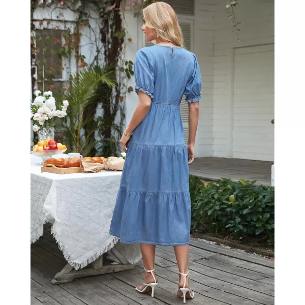 GRAPENT Denim Dress for Women Summer Casual Puff Sleeve Midi Tiered A Line Dresses Elastic Waist Swing Beach DressCool Blue