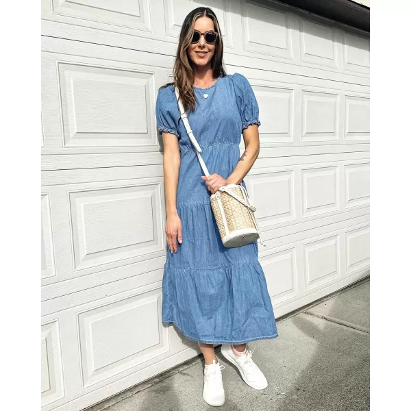 GRAPENT Denim Dress for Women Summer Casual Puff Sleeve Midi Tiered A Line Dresses Elastic Waist Swing Beach DressCool Blue