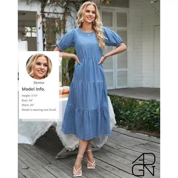 GRAPENT Denim Dress for Women Summer Casual Puff Sleeve Midi Tiered A Line Dresses Elastic Waist Swing Beach DressCool Blue