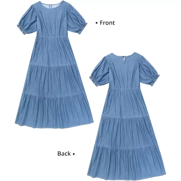 GRAPENT Denim Dress for Women Summer Casual Puff Sleeve Midi Tiered A Line Dresses Elastic Waist Swing Beach DressCool Blue