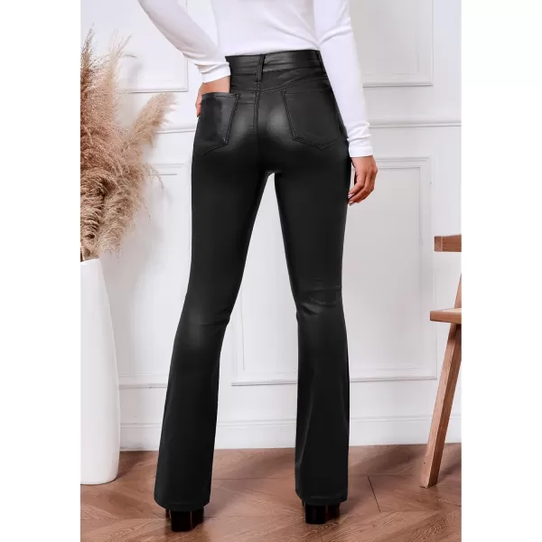 GRAPENT Flare Pants for Women High Wasited Stretchy Faux Leather Look Button Fly Jeans Trendy Bell Bottom TrousersBlack
