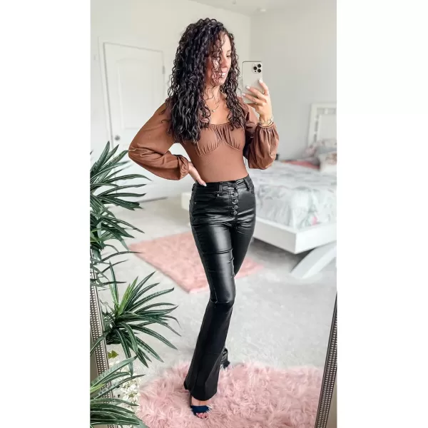 GRAPENT Flare Pants for Women High Wasited Stretchy Faux Leather Look Button Fly Jeans Trendy Bell Bottom TrousersBlack