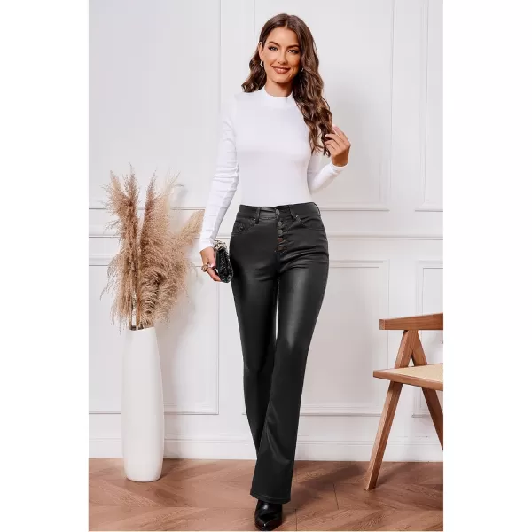 GRAPENT Flare Pants for Women High Wasited Stretchy Faux Leather Look Button Fly Jeans Trendy Bell Bottom TrousersBlack