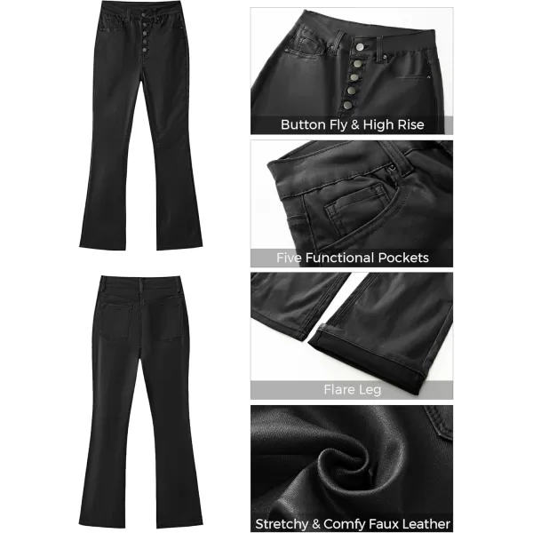 GRAPENT Flare Pants for Women High Wasited Stretchy Faux Leather Look Button Fly Jeans Trendy Bell Bottom TrousersBlack