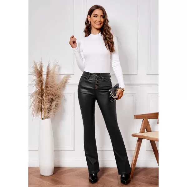GRAPENT Flare Pants for Women High Wasited Stretchy Faux Leather Look Button Fly Jeans Trendy Bell Bottom TrousersBlack