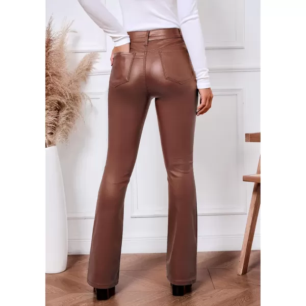 GRAPENT Flare Pants for Women High Wasited Stretchy Faux Leather Look Button Fly Jeans Trendy Bell Bottom TrousersBrown