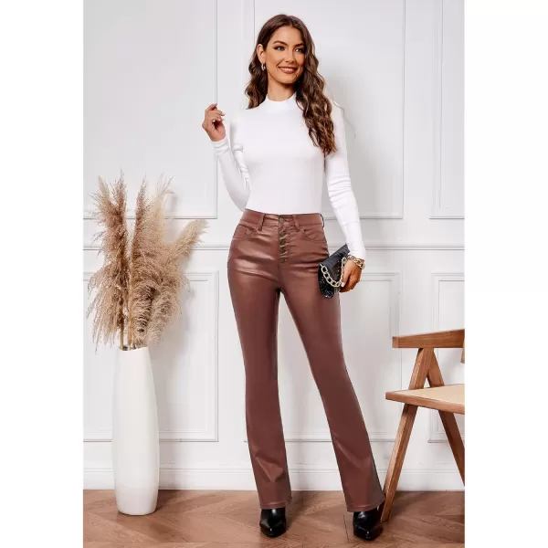 GRAPENT Flare Pants for Women High Wasited Stretchy Faux Leather Look Button Fly Jeans Trendy Bell Bottom TrousersBrown