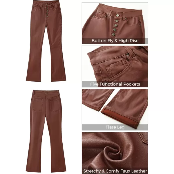 GRAPENT Flare Pants for Women High Wasited Stretchy Faux Leather Look Button Fly Jeans Trendy Bell Bottom TrousersBrown