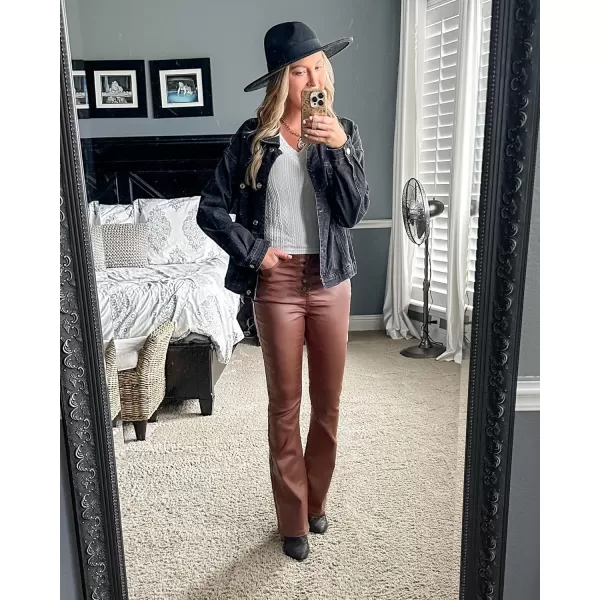 GRAPENT Flare Pants for Women High Wasited Stretchy Faux Leather Look Button Fly Jeans Trendy Bell Bottom TrousersBrown