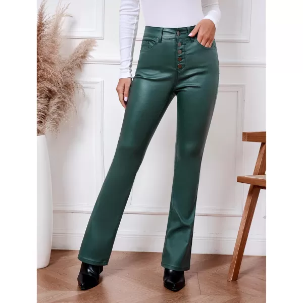 GRAPENT Flare Pants for Women High Wasited Stretchy Faux Leather Look Button Fly Jeans Trendy Bell Bottom TrousersDark Green