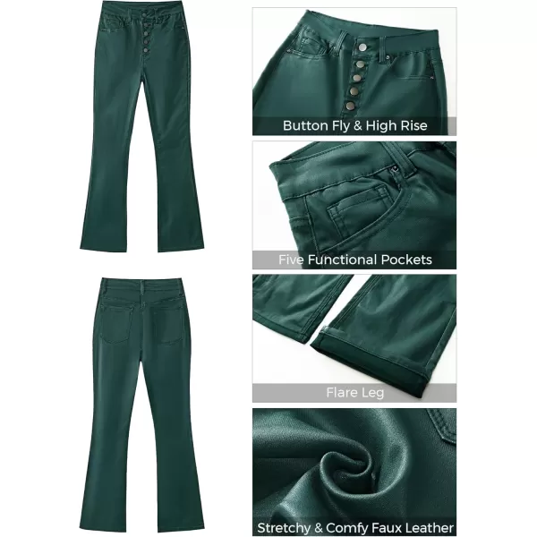 GRAPENT Flare Pants for Women High Wasited Stretchy Faux Leather Look Button Fly Jeans Trendy Bell Bottom TrousersDark Green
