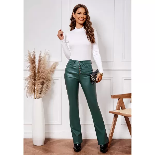 GRAPENT Flare Pants for Women High Wasited Stretchy Faux Leather Look Button Fly Jeans Trendy Bell Bottom TrousersDark Green